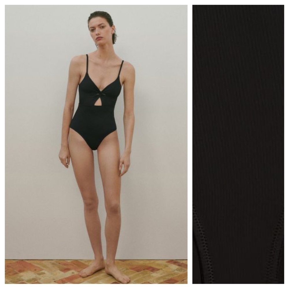 NWT. Massimo Dutti Black Plain Swimsuit with Crossed Neckline. Size M.